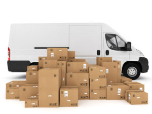 Loading stack of packed boxes on truck . 3D Rendering